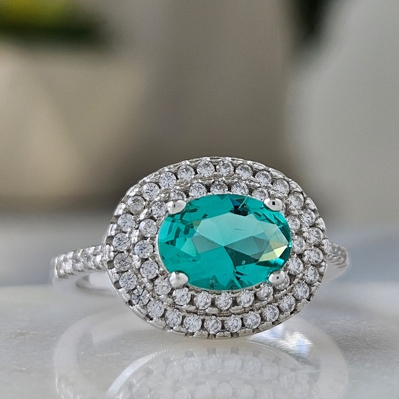 Double Halo Oval Turquoise Gemstone Ring, 925 Sterling Silver Charmed Aroma - Picture 4 of 8